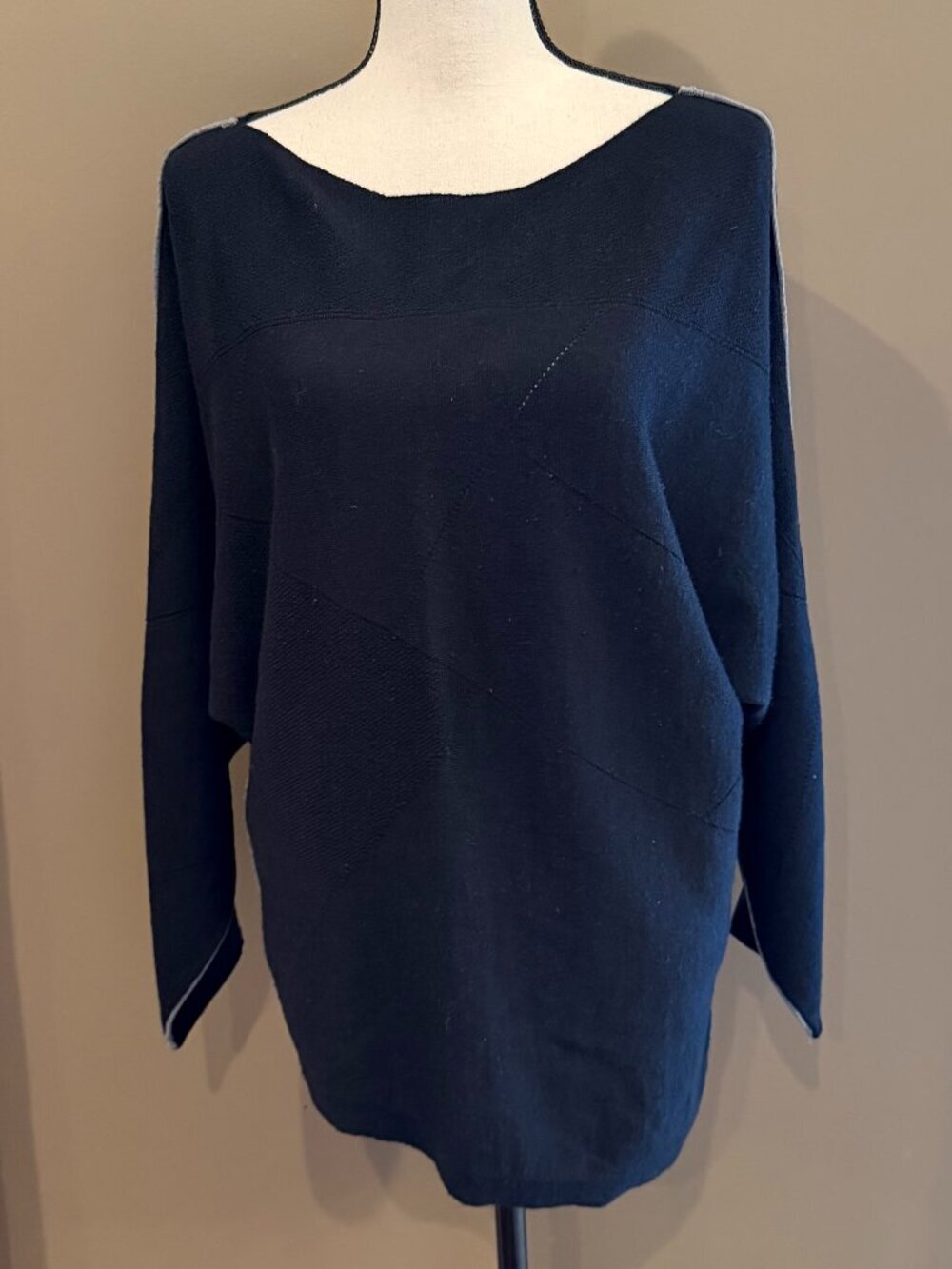 Nine West Black Boat Neck Asymmetrical Sweater with Gray piping Sleeve, Size Lg